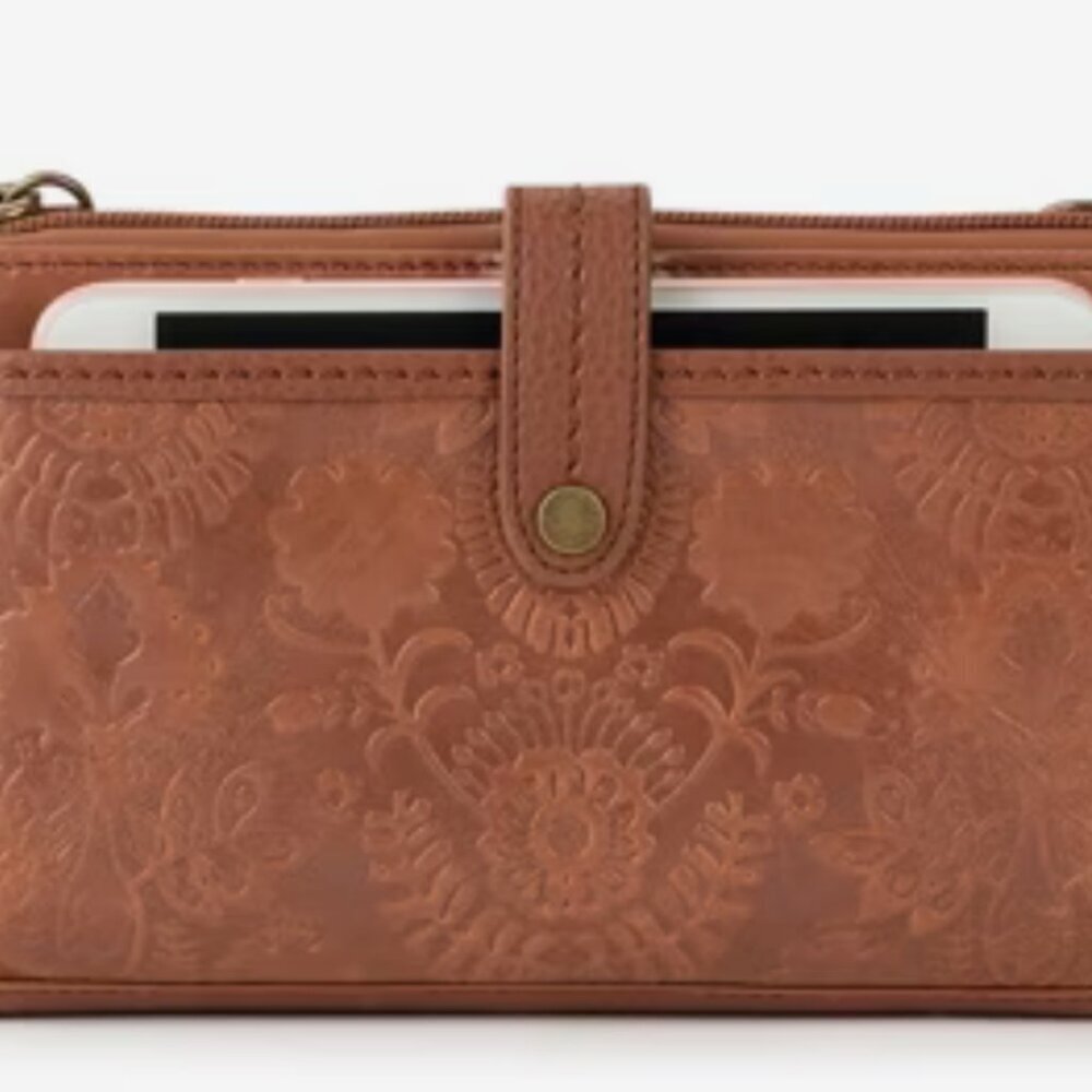 The Sak Iris Smartphone Crossbody Bag Brown Floral Embossed EUC